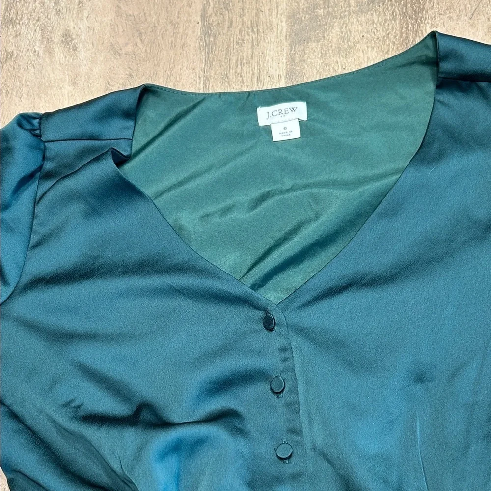 J. Crew Green satin Button-Front Blouse